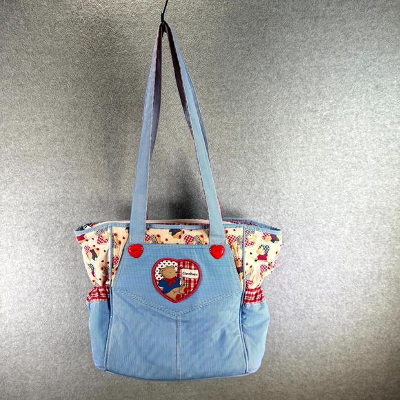 Vintage Gerber Teddy Bear Diaper Bag Blue Striped Heart Buttons Applique Tote - Picture 1 of 13